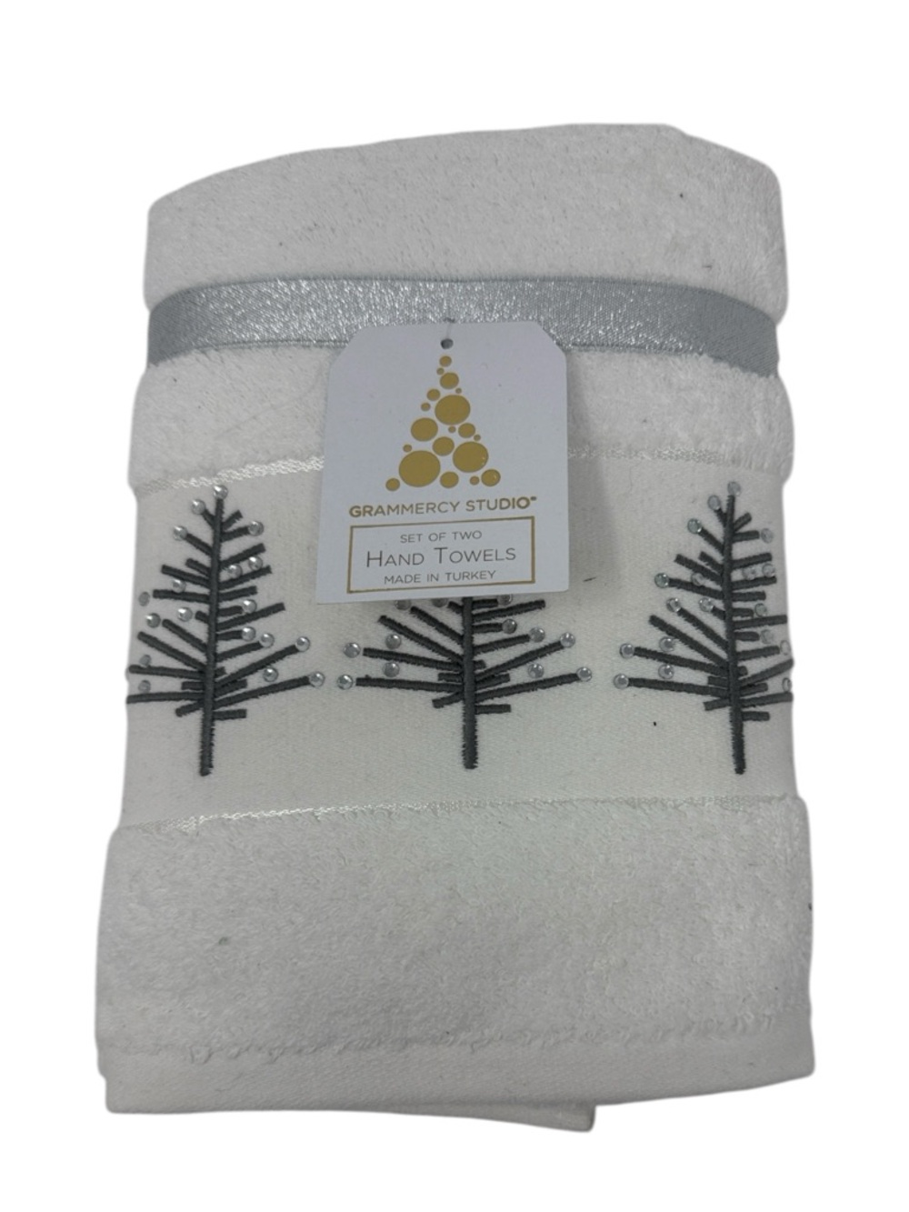 Set of 2 Festive White and Silver Jeweled Holiday Hand Towels